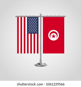 Table stand with flags of USA and Tunisia.Two flag vector. flag pole.Symbolizing the cooperation between the two countries.Vector table flags