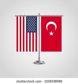 Table stand with flags of USA and Turkey.Two flag vector. flag pole.Symbolizing the cooperation between the two countries.Vector table flags