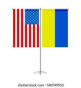 table stand with flags of usa and ukraine. symbolizing the cooperation between the two countries. vector table flags

