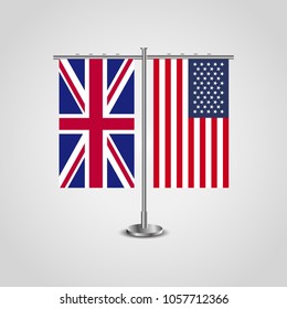 Table stand with flags of USA and United Kingdom.Two flag vector. flag pole.Symbolizing the cooperation between the two countries.Vector table flags
