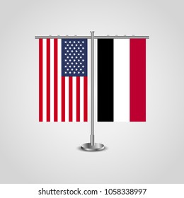 Table stand with flags of USA and Yemen.Two flag vector. flag pole.Symbolizing the cooperation between the two countries.Vector table flags