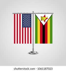 Table stand with flags of USA and Zimbabwe.Two flag vector. flag pole.Symbolizing the cooperation between the two countries.Vector table flags