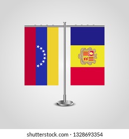Table stand with flags of Venezuela and Andorra. Two flag. Flag pole. Symbolizing the cooperation between the two countries. Table flags

