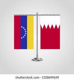 Table stand with flags of Venezuela and Bahrain. Two flag. Flag pole. Symbolizing the cooperation between the two countries. Table flags


