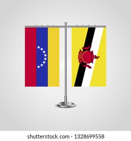Table stand with flags of Venezuela and Brunei. Two flag. Flag pole. Symbolizing the cooperation between the two countries. Table flags