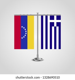 Table stand with flags of Venezuela and Greece. Two flag. Flag pole. Symbolizing the cooperation between the two countries. Table flags

