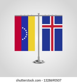 Table stand with flags of Venezuela and Iceland. Two flag. Flag pole. Symbolizing the cooperation between the two countries. Table flags

