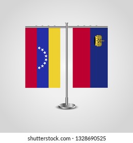 Table stand with flags of Venezuela and Liechtenstein. Two flag. Flag pole. Symbolizing the cooperation between the two countries. Table flags

