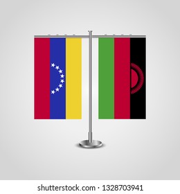 Table stand with flags of Venezuela and Malawi. Two flag. Flag pole. Symbolizing the cooperation between the two countries. Table flags