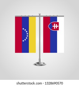 Table stand with flags of Venezuela and Slovakia. Two flag. Flag pole. Symbolizing the cooperation between the two countries. Table flags

