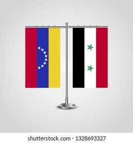 Table stand with flags of Venezuela and Syria. Two flag. Flag pole. Symbolizing the cooperation between the two countries. Table flags