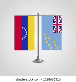Table stand with flags of Venezuela and Tuvalu. Two flag. Flag pole. Symbolizing the cooperation between the two countries. Table flags


