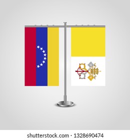 Table stand with flags of Venezuela and Vatican. Two flag. Flag pole. Symbolizing the cooperation between the two countries. Table flags

