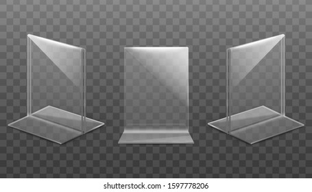 Table stand for menu or card holder realistic vector illustrations mockup set isolated on transparent background. Desktop tent template for restaurant and business event.