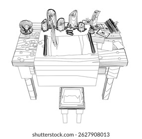 A table with a stool and a bunch of items on it. The table is cluttered with various items, including a bowl, a cup, a book, a pen, and a pair of scissors