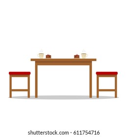 A table with stools, breakfast. Flat design, vector illustration, vector.