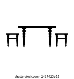 Table and stools icon. Black silhouette. Front side view. Vector simple flat graphic illustration. Isolated object on a white background. Isolate.