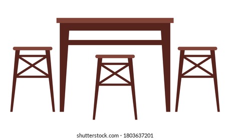 Table and stools, indoor or outdoor wooden and plastic furniture. Vector illustration dining room furnishings on white background. Daily view place to eat, bistro or cafe, home design interior