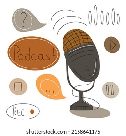 Icono de micrófono de estudio de tabla. Signo de difusión. Diseño de emblema de podcast. Ilustración de micrófono de radio vectorial