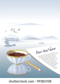 Table surface with coffee cup and paper sheet smoothly goes on as foggy landscape