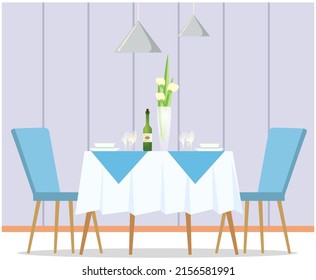 Tisch mit Tischdecken, Geschirr und Dekoration. Im Restaurant servieren wir Speisen und Getränke. Esstisch mit leeren Stühlen und Essen. Ort für Datum, Ruhe, Treffen in Café oder Café, Vektorgrafik