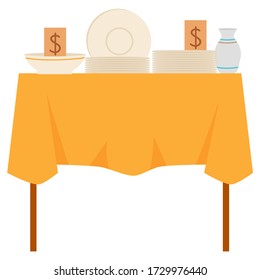 Table With Tablecloth And Dishware, Ceramic Plate, Bowl And Jug With Dollar Sticker. Crockery Goods For Sale, Yard Object, Shopping Kitchenware Vector