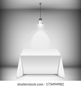 Table With Tablecloth Illuminated By Spotlight. Vector Illustration.