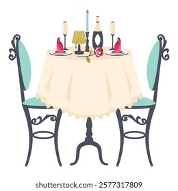 Table with tablecloth. Romantic dinner. Vintage table and chairs with Romantic setting at Restaurant. Table for two with bottle of wine, champagne, flower, glasses, cutlery, napkins. Vector 