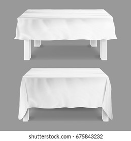 Table With Tablecloth Set Vector. Empty Rectangular Tables With White Tablecloth. Isolated On Gray Illustration