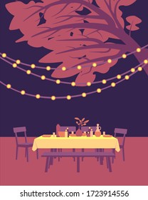 Table With Tablecloth, Utensils And Candles For Family Dinner Outside, Backyard Gathering, Outdoor Evening Party In The Open Air In Garden.  Vector Illustration. 