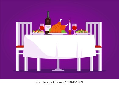 Table with tasty dishes and two chairs vector flat illustration. Romantic dinner in the restaurant concept on purple background.