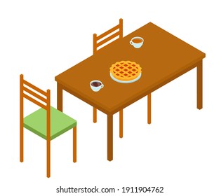 Table with tea, coffee cups and pie isolated on white background, vector illustration of kitchen table with chairs in 3D isometry