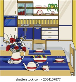 Table with tea cups with hot tea in it standing near window on kitchen. Kitchen furniture with sink, oven, stove, fridge, kitchenware. 