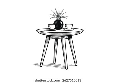 Table with Tea Cups and Vase Line Art Icon