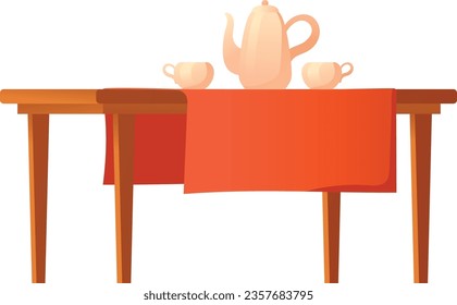 Mesa con vajilla para el té. Cubos de tetera y porcelana