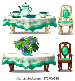 Mesa con set de té y silla. Vector.