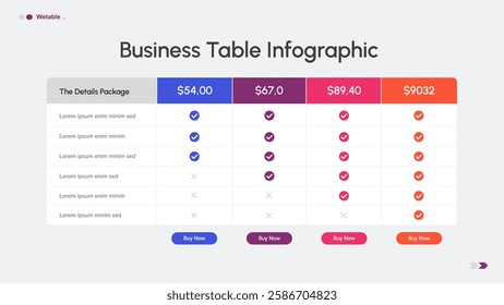 Table Template for Business, Corporate, Pricing, and Other Purposes