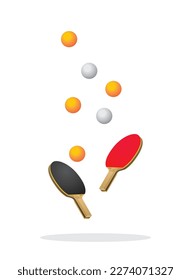 Table tenis or ping pong racket with falling balls vector design. Table tennis bats, balls, red and black part illustration isolated on white background