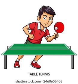 Tenis de mesa atleta aislado sobre fondo blanco en estilo de dibujos animados. Juegos de verano 2024. Ilustración vectorial.