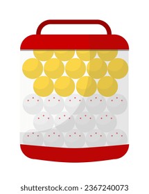 Table tennis balls in jars with handle cor transportation, isolated container storage of sports equipment. Sportive events and physical education, training, and workout. Vector in flat style