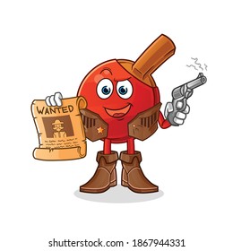 table tennis bat cowboy holding gun and wanted poster illustration. character vector