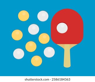 table tennis bats and balls, ping pong racket with yellow  and white balls, isolated blue background, vector