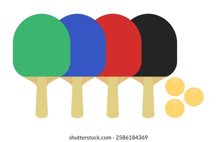 table tennis bats in different colors, ping pong rackets and yellow balls vector