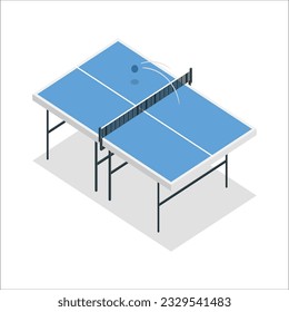 Table tennis. A blue table. Table tennis with tennis rackets and a ball on it isolated on white background. 3d illustration. Template for poster, card or ticket. Racket for table tennis and ball. 1946