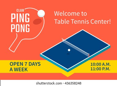 Table tennis center banner design. Isometric table for the ping pong. Vector illustration