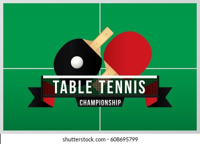Table tennis championship badge design with green table and net.