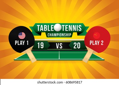 Table tennis championship badge design with two player and scoreboard on green table.
