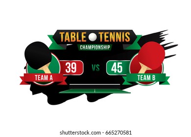 Table tennis championship badge design with two player and scoreboard.