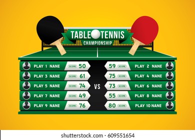 Table tennis championship design with players and scoreboard on green table.