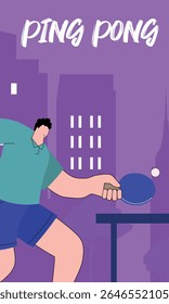 Competições de tênis de mesa, cidade noturna de fundo, casas. Cartaz de tênis de mesa clube, saúde, fitness, campeão. Competições de ping pong em campo aberto no parque, recreação ativa, hobby. 